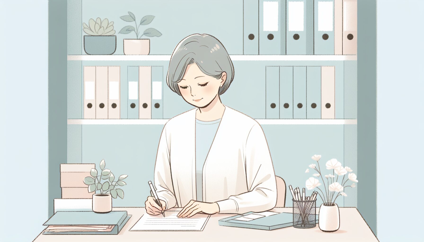 エンディングノートに丁寧に記入する60代女性のイラスト