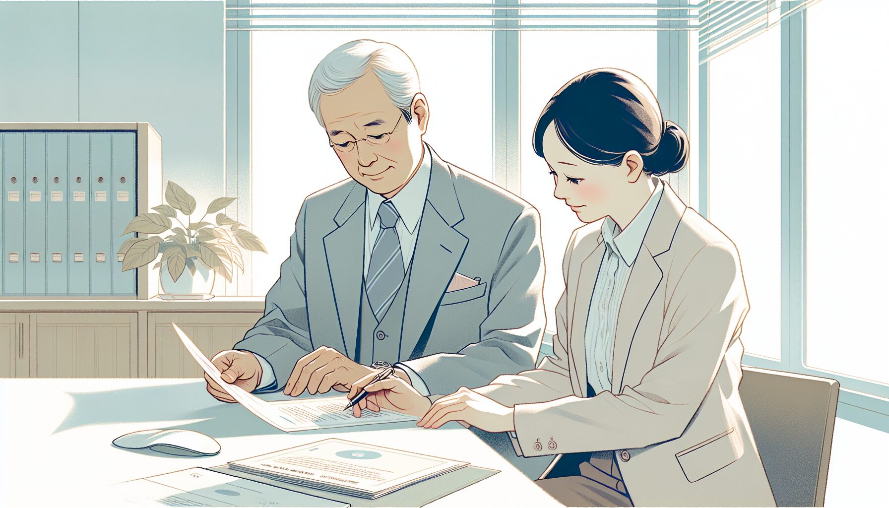 公証役場で専門家と遺言書について相談する60代男性のイラスト