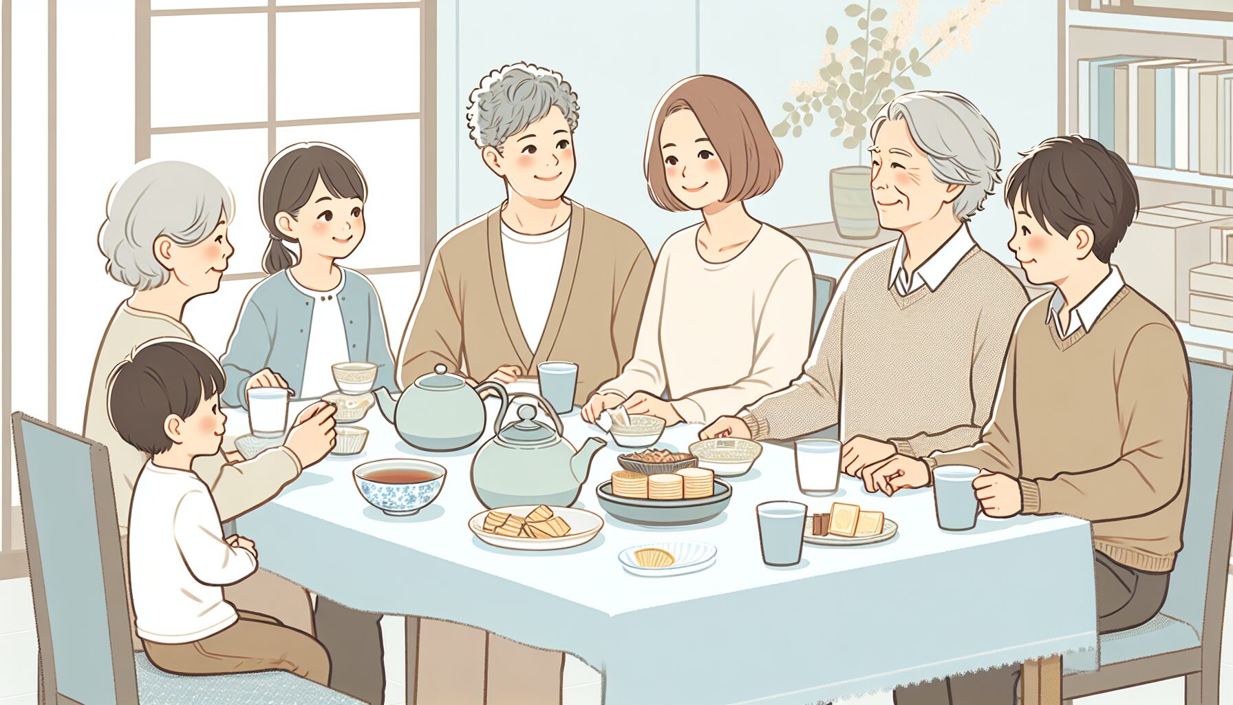 60代の両親と30代の子どもたちが食卓を囲んで終活について話し合うイラスト