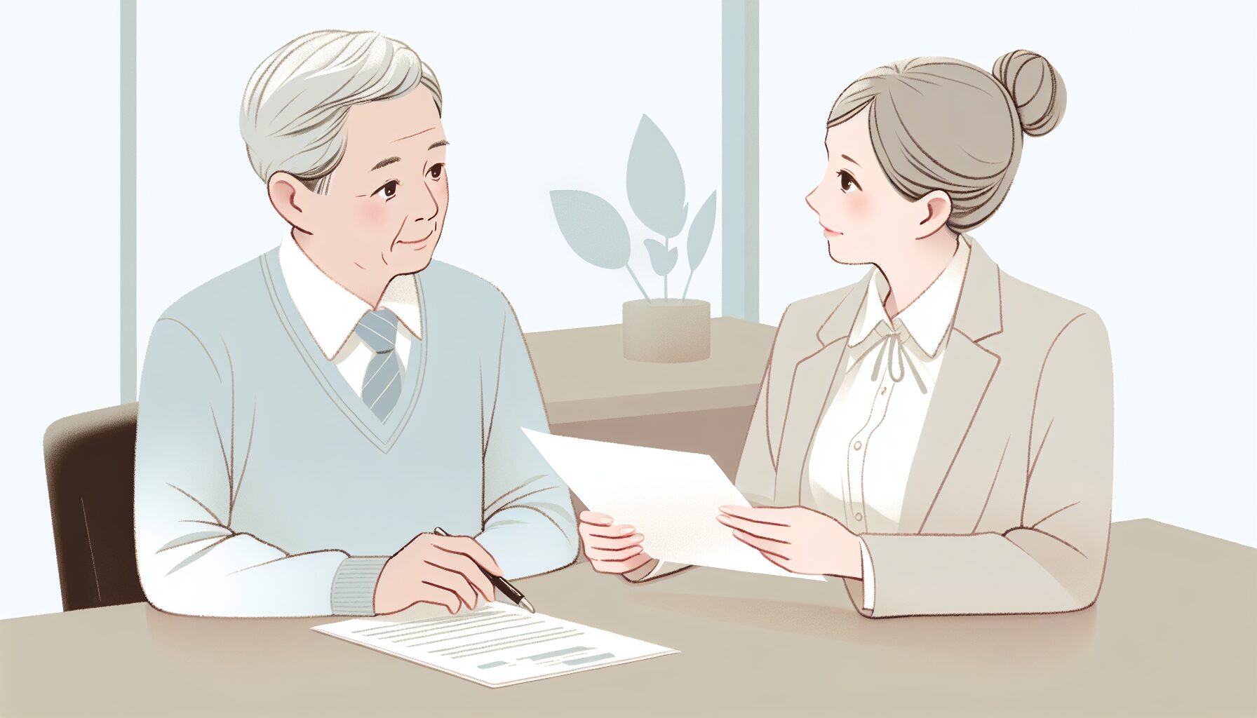 70代の方が専門家と書類を確認している様子