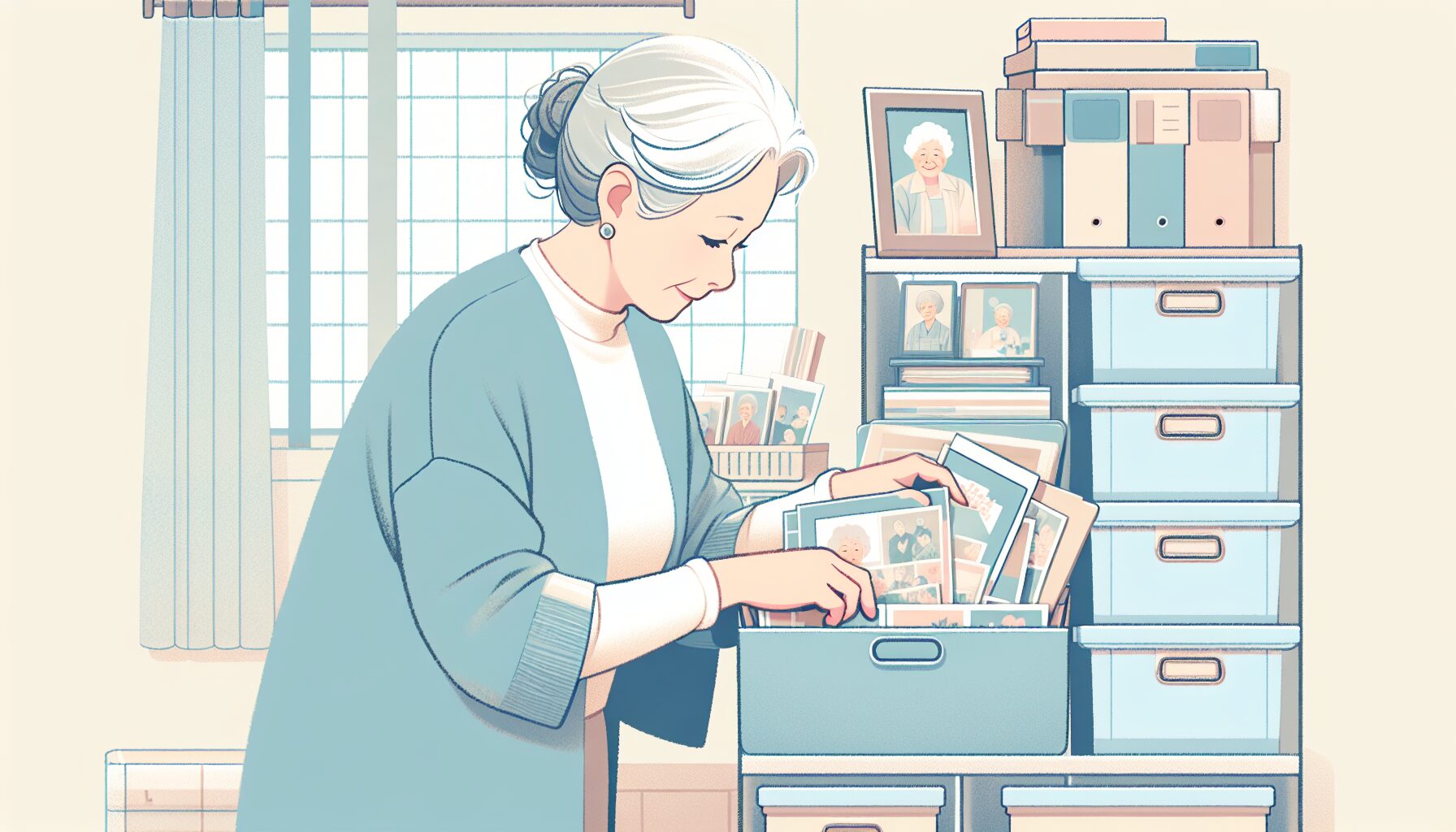 70代の女性が思い出の品を整理している様子