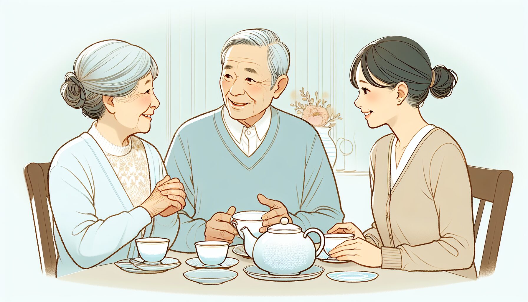 70代のご夫婦が家族と温かく話し合っている様子