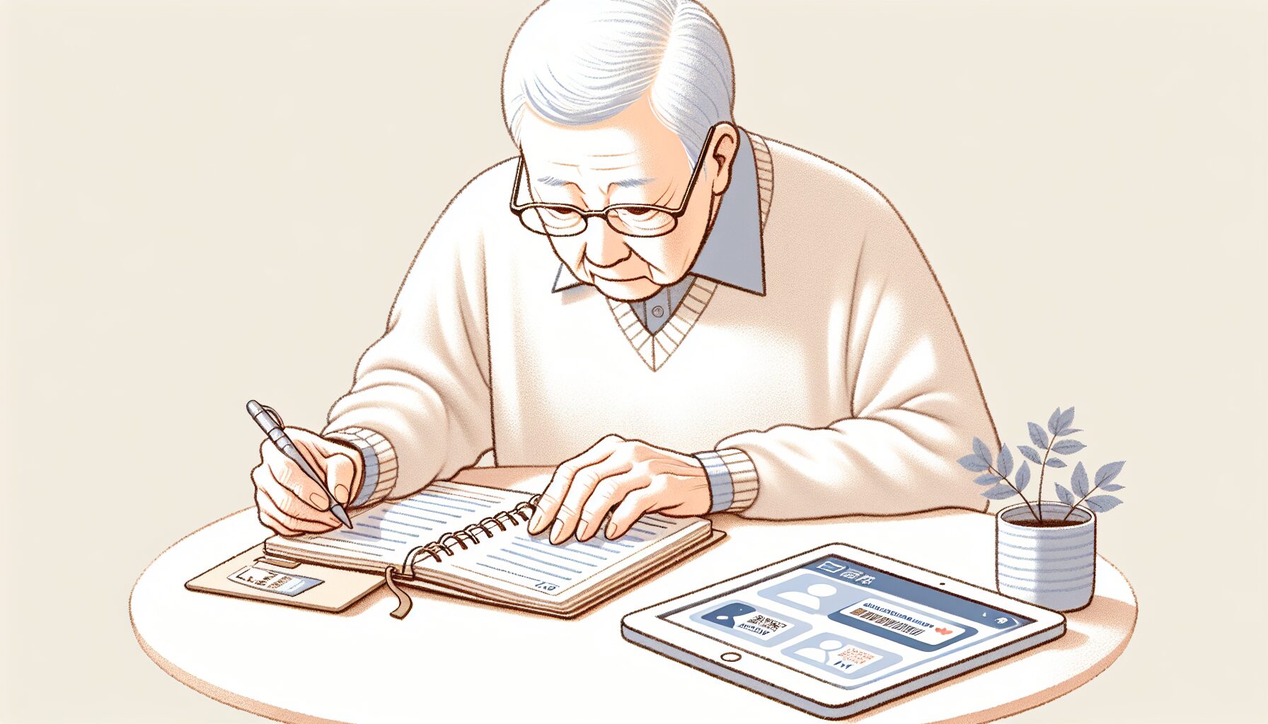 デジタルアカウントとパスワードが整理されたノートとデバイスのイラスト