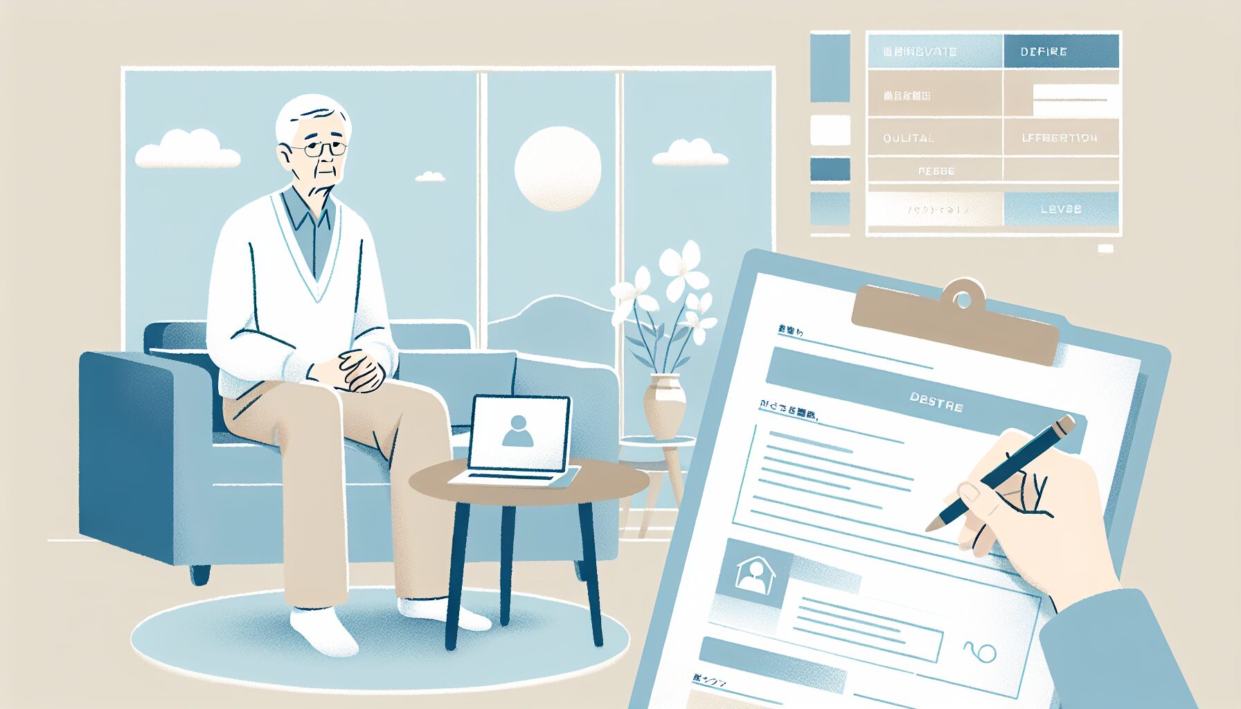 デジタル終活の準備を終えて安心する高齢男性のイラスト
