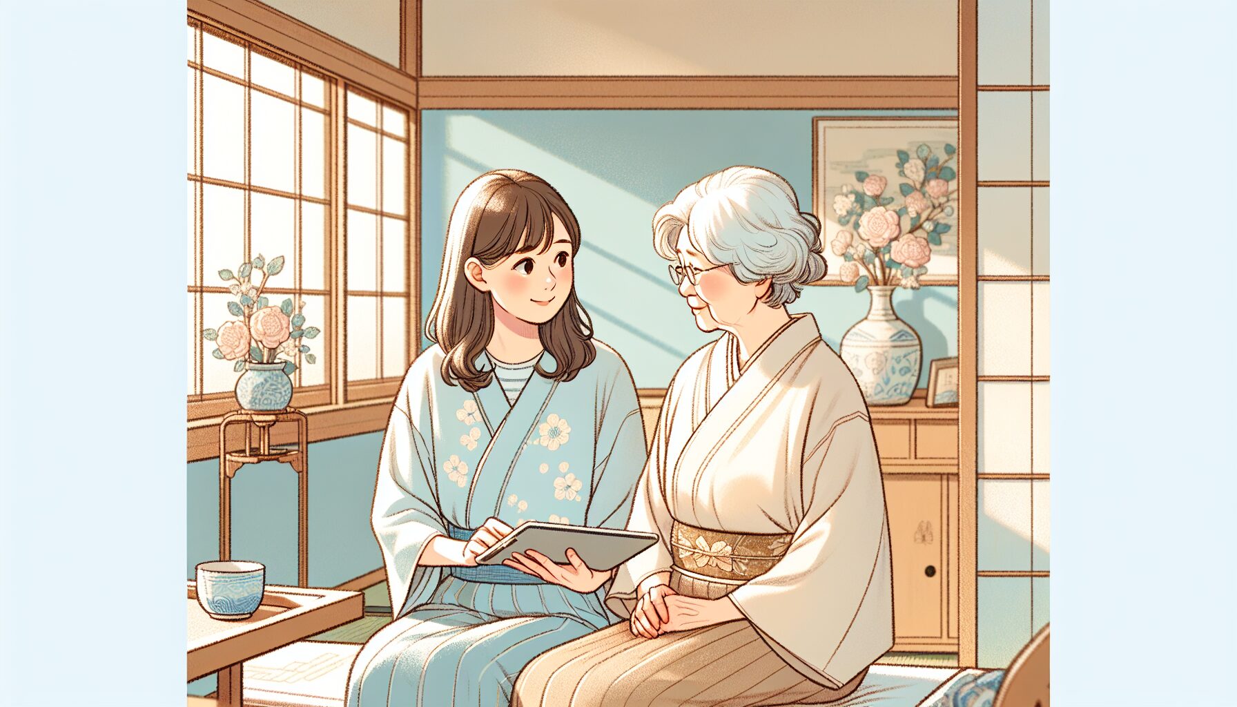 親子でデジタル終活について話し合っているイラスト