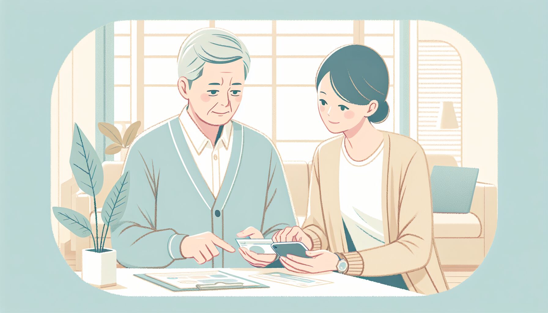 高齢の親と家族がネット銀行の書類を一緒に確認しているイメージ