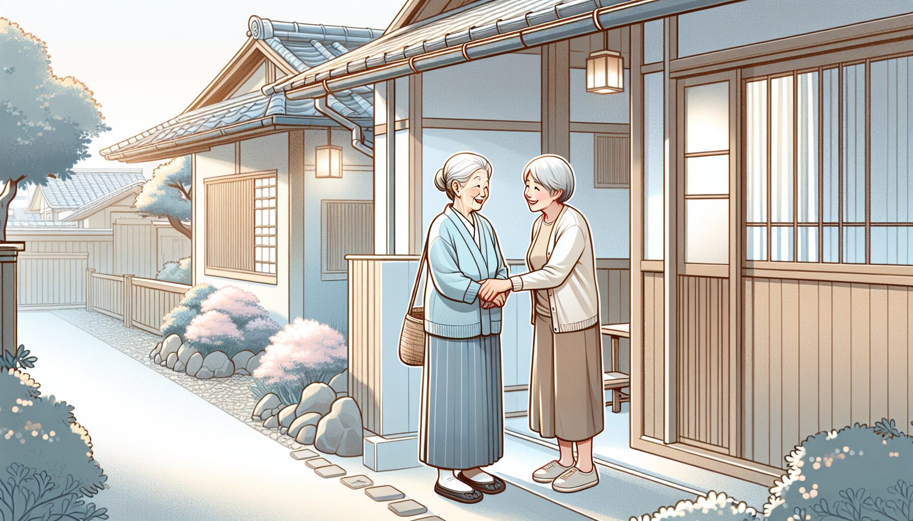 近所の人と交流する独居高齢者のイラスト