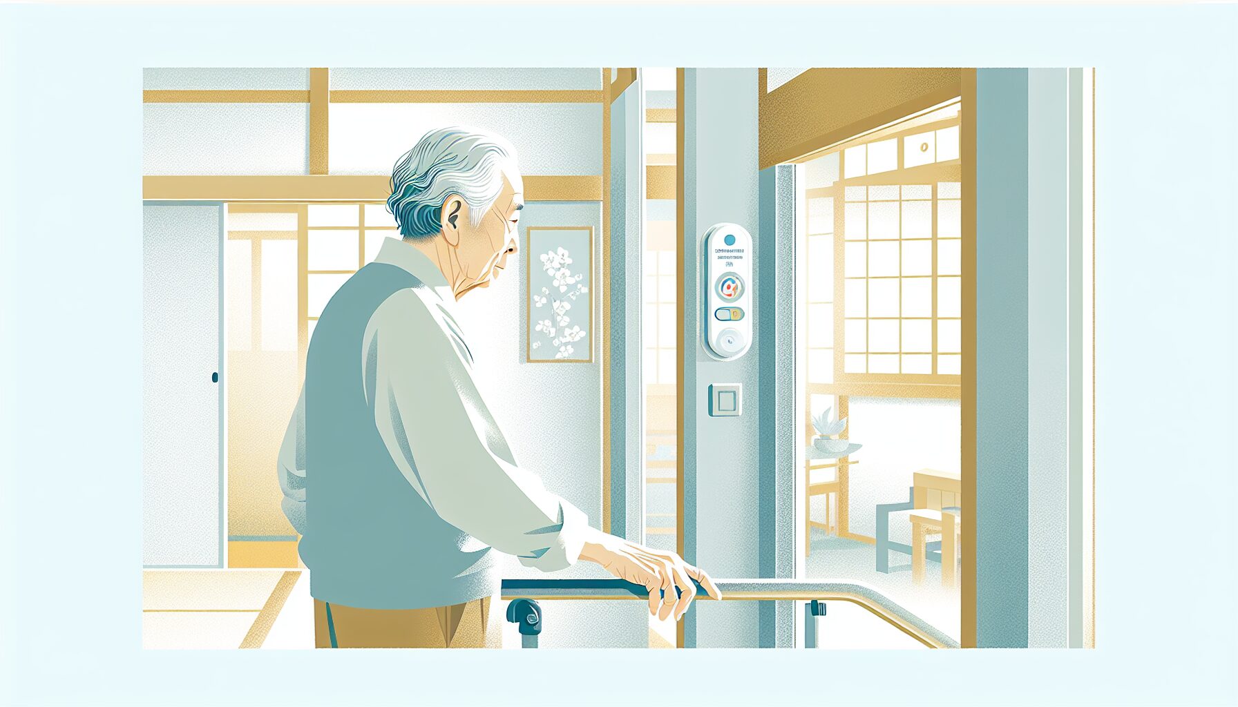 手すりを使って安全に歩く高齢者のイラスト