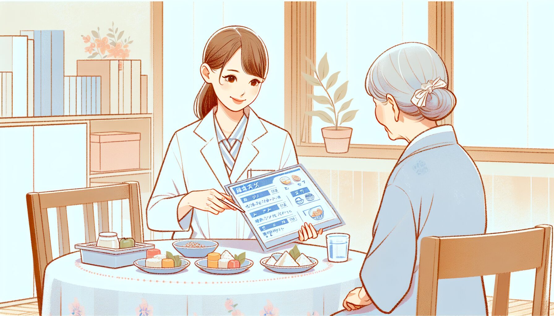 管理栄養士に食事プランの説明を受ける高齢女性のイラスト
