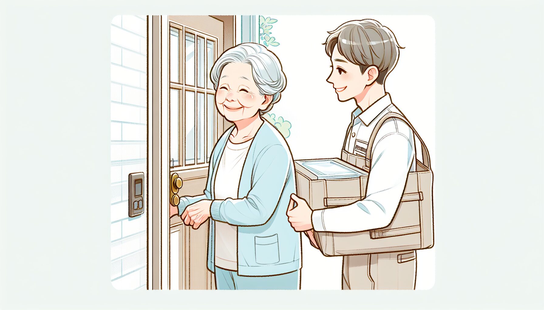 玄関先で配食スタッフからお弁当を受け取る高齢女性のイラスト