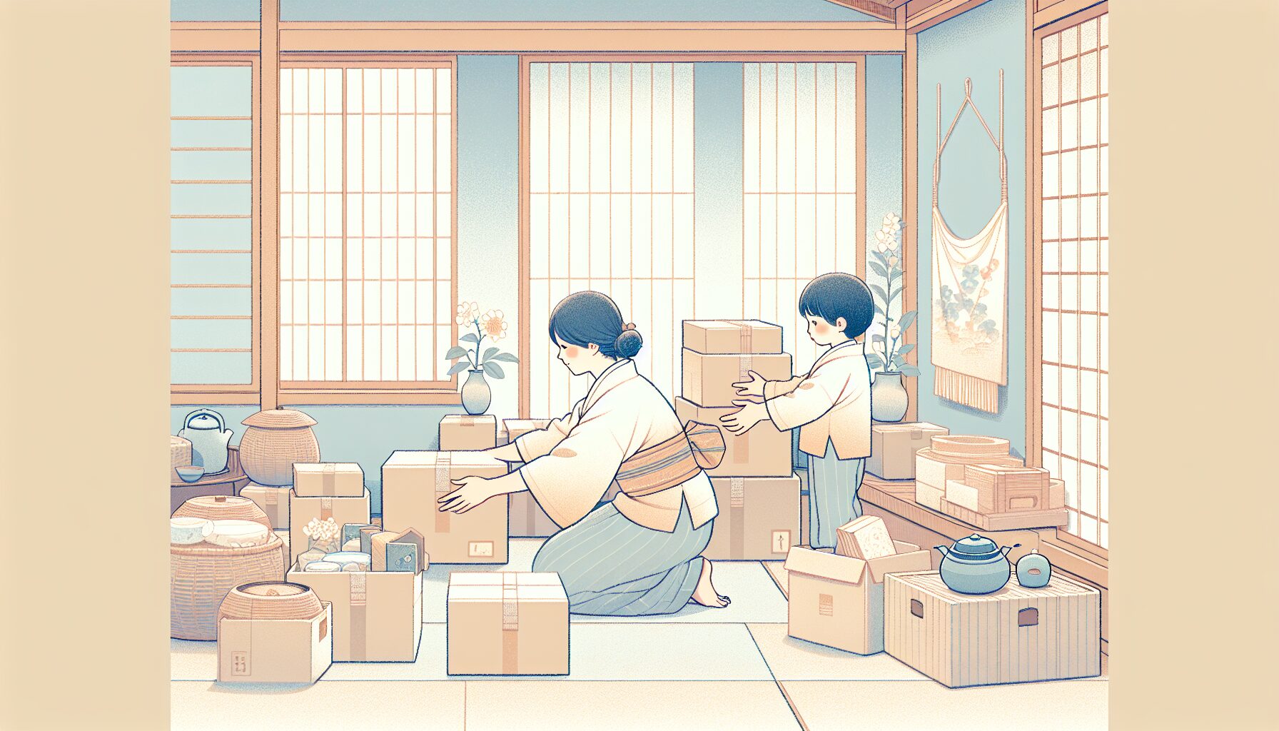 実家の荷物を親と一緒に丁寧に整理する子世代のイラスト