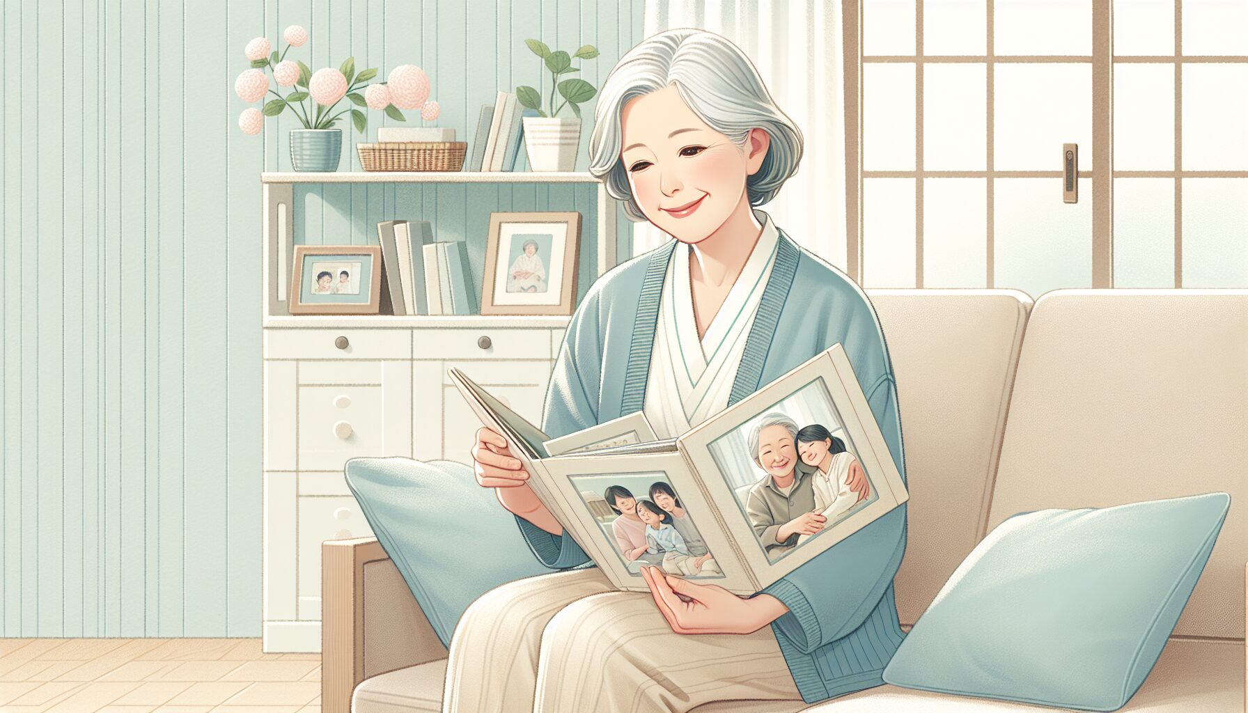 思い出のアルバムを大切に手に取る高齢女性のイラスト