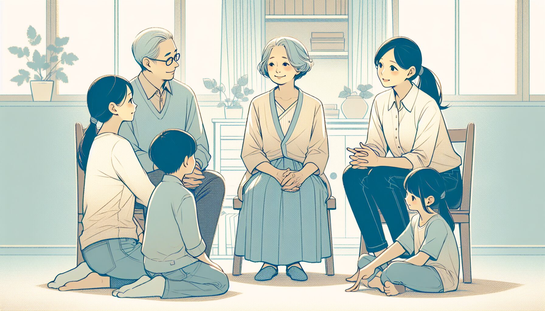 三世代家族が穏やかに話し合うイラスト