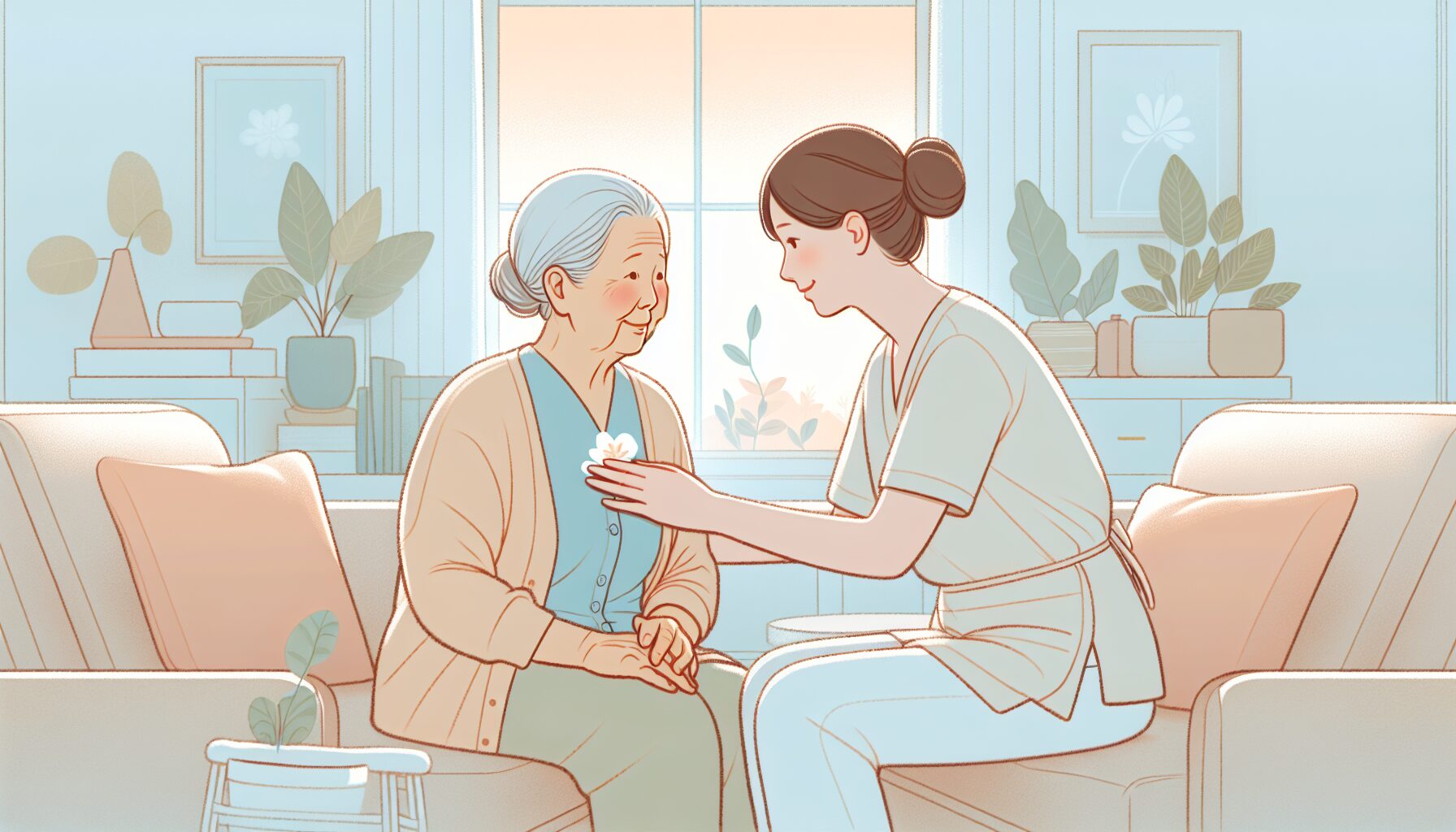 自宅で介護を受ける高齢者とヘルパーのイラスト