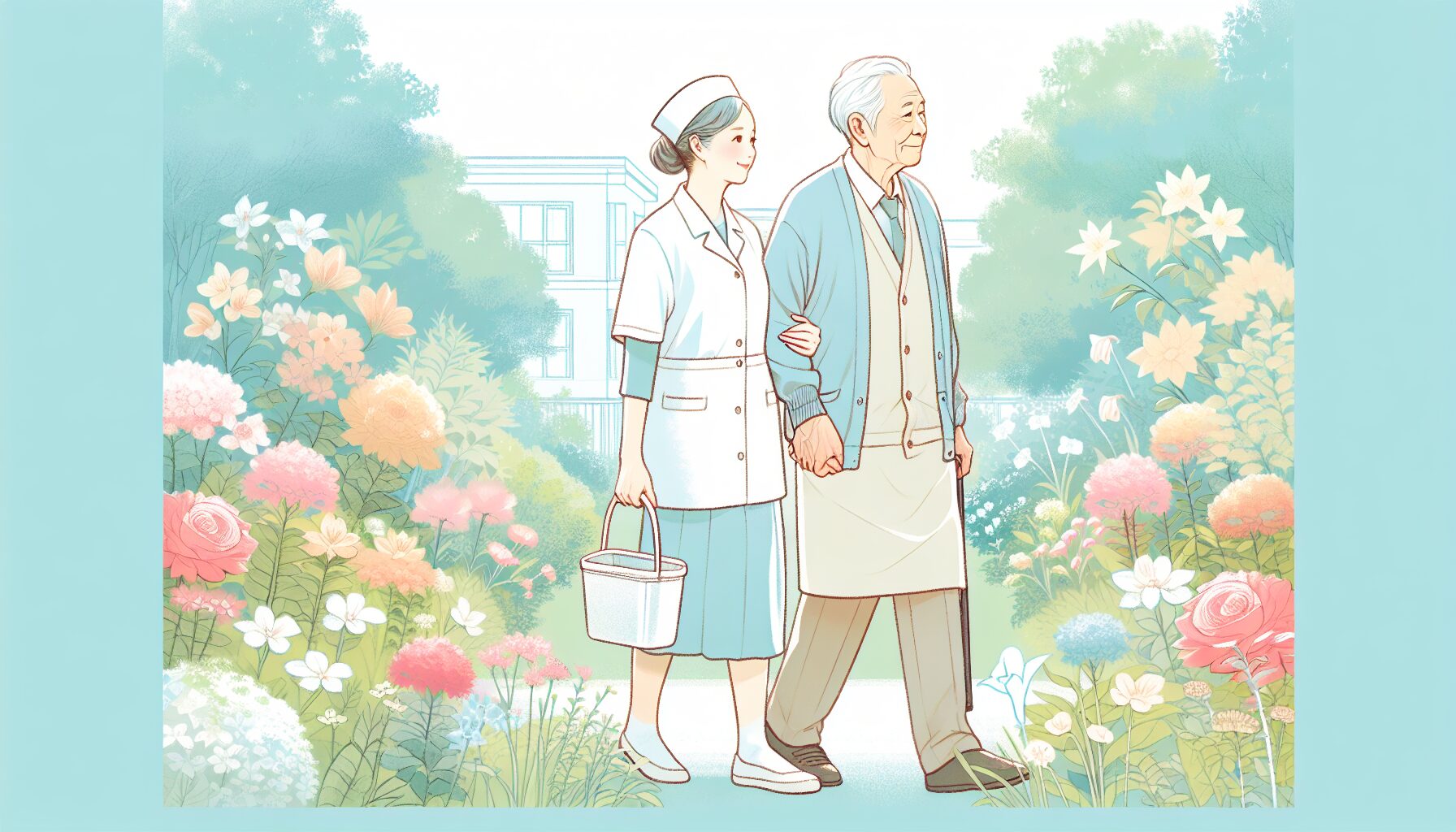 介護施設の庭を散歩する高齢者夫婦とスタッフのイラスト