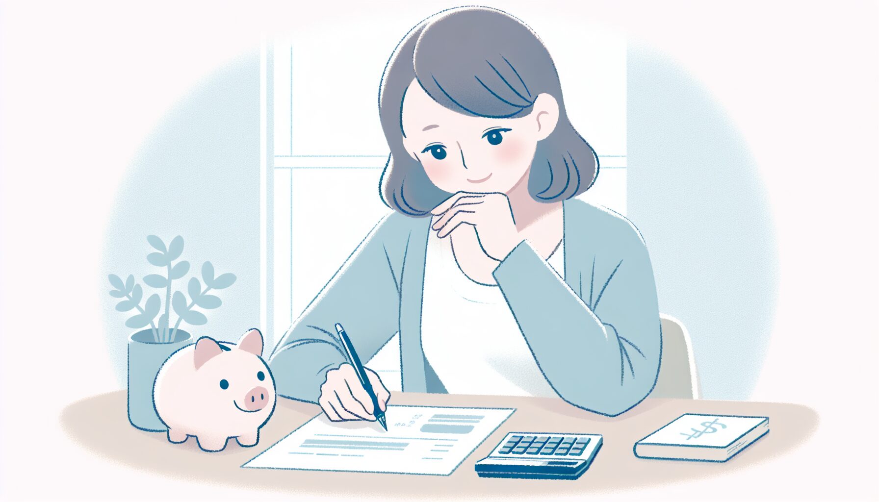 介護費用を試算する中年女性のイラスト