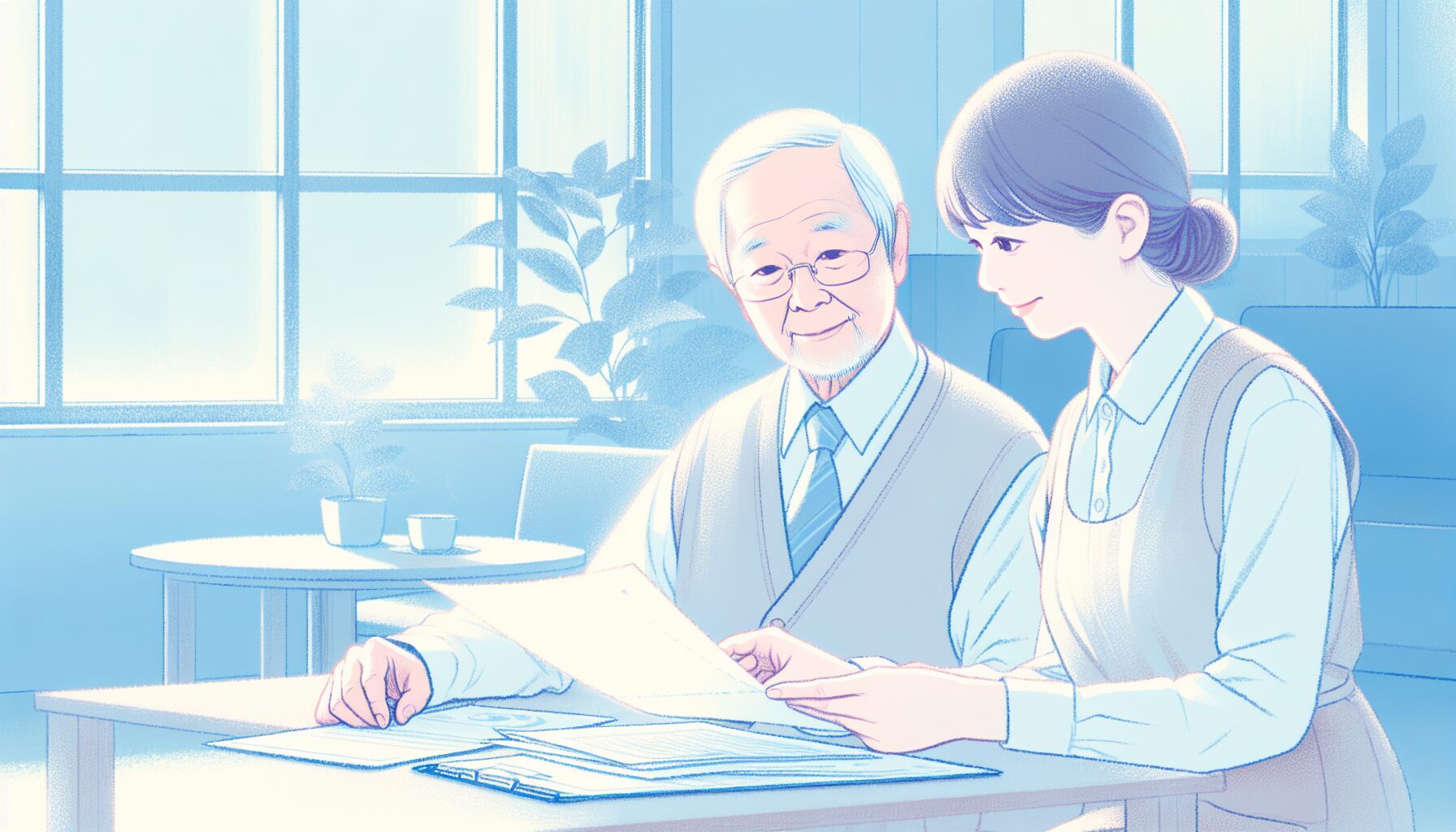 ケアマネと高齢者が成年後見の書類を確認するイラスト