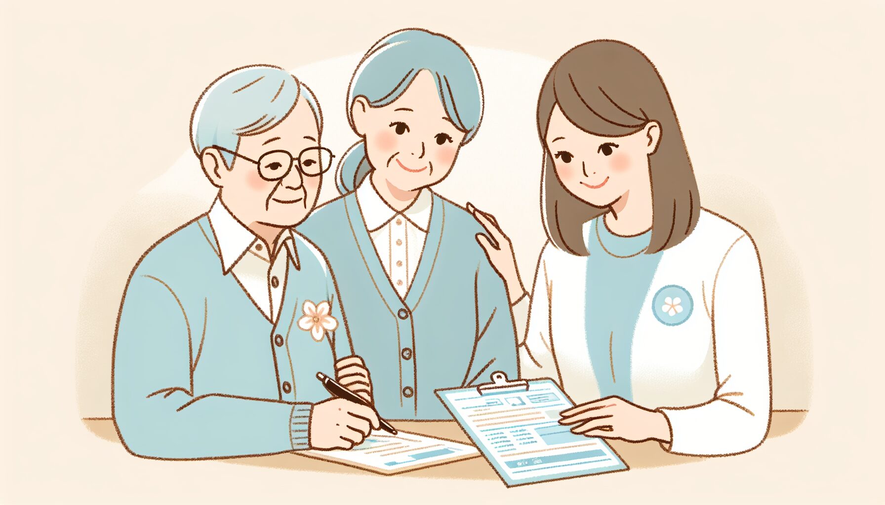 家族と社会福祉士が成年後見申請を進めるイラスト