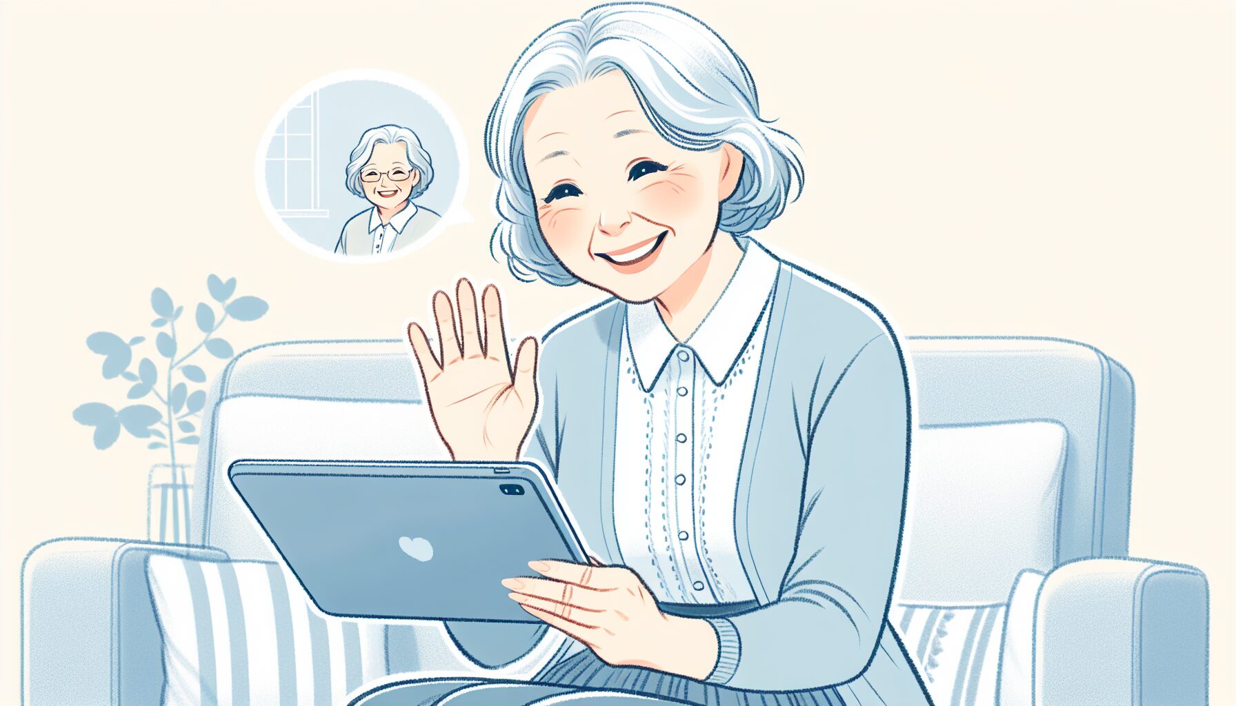 タブレットでビデオ通話を楽しむ高齢女性のイラスト