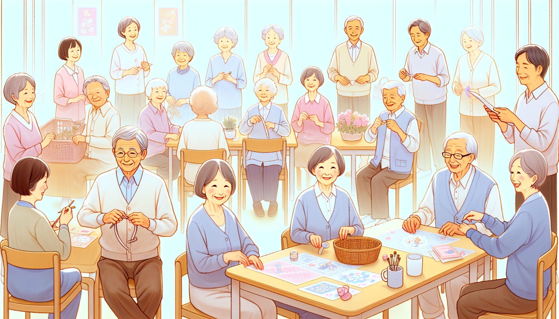 コミュニティセンターでグループ活動を楽しむ高齢者のイラスト