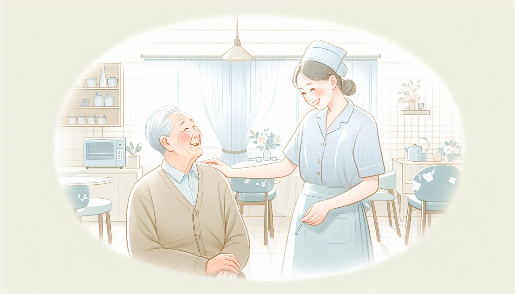 コミュニティカフェで若いボランティアと談笑する高齢男性のイラスト