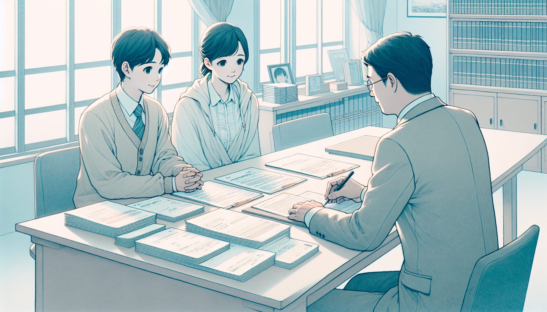 家庭裁判所の相談室で専門家と話し合う家族のイラスト