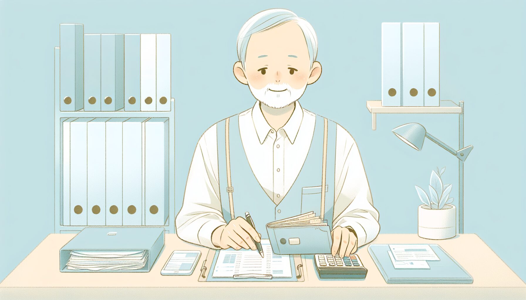 財産管理の書類を整理する後見人のイラスト