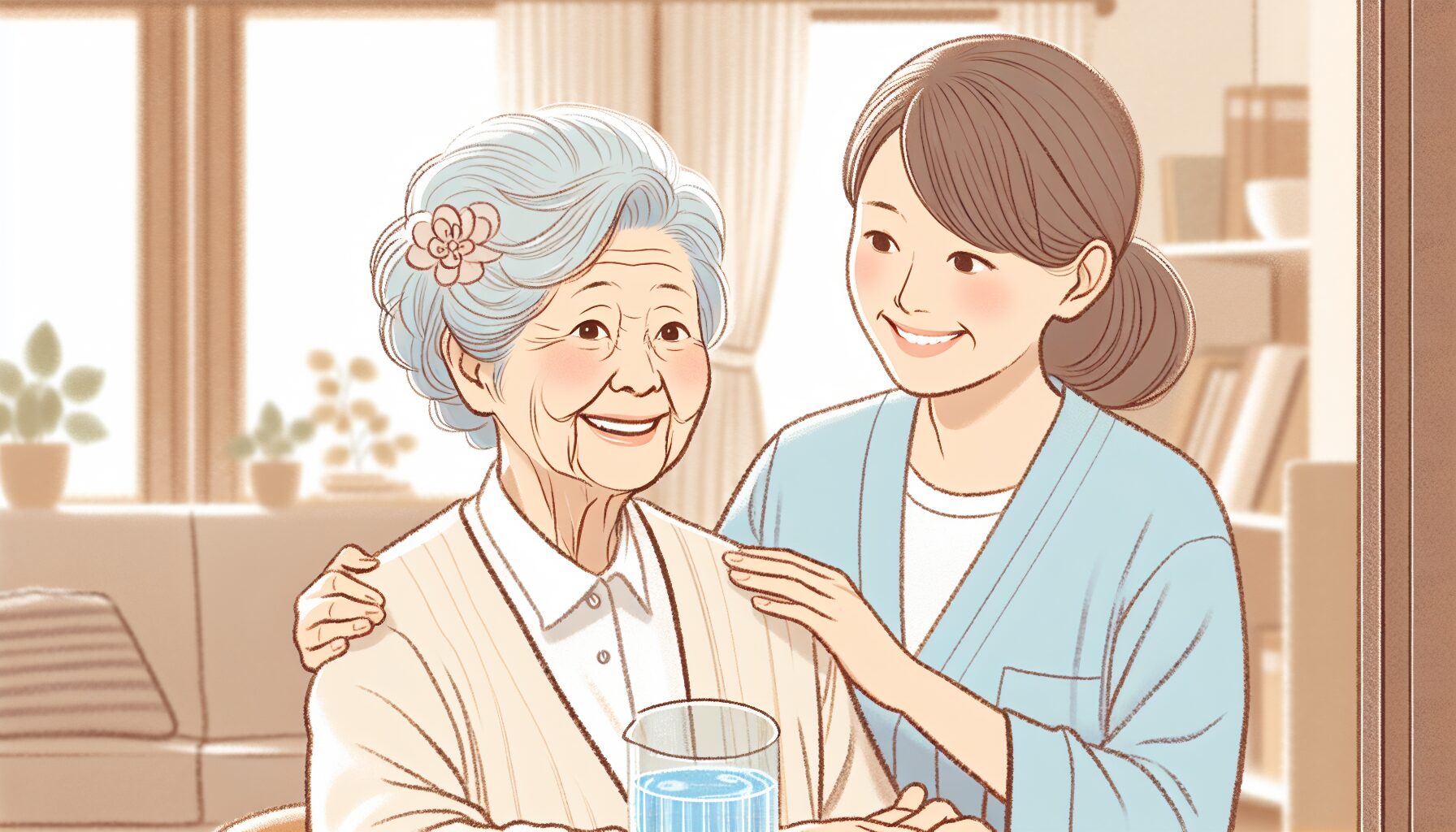 家族が高齢の親を支える温かい日常のイラスト