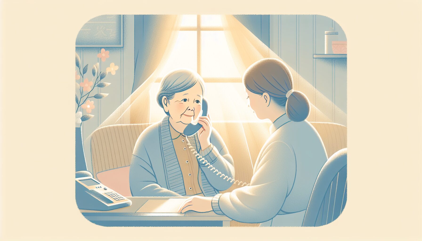 見守り電話サービスを受ける高齢女性のイラスト