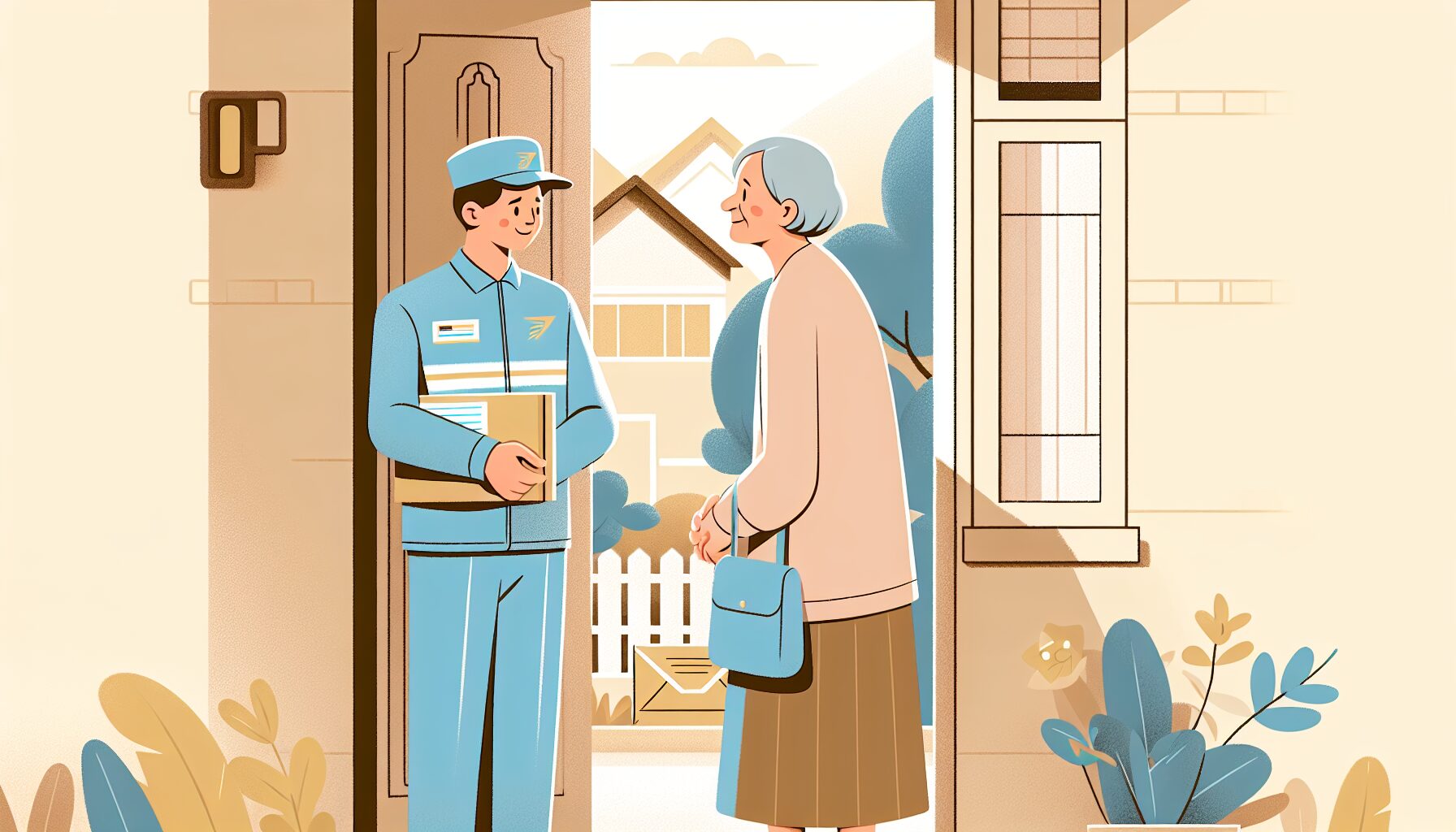 配達員が玄関先で高齢者の安否確認をするイラスト