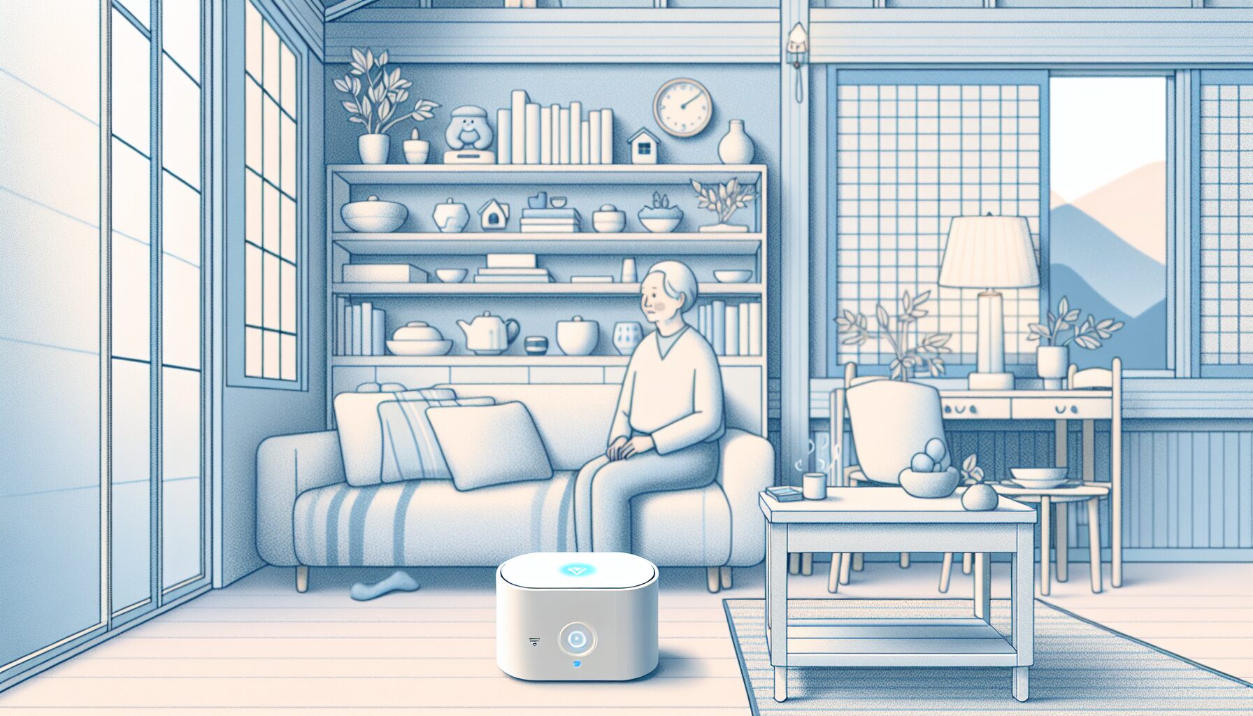 スマートホームセンサーで安心して暮らす高齢者のイラスト