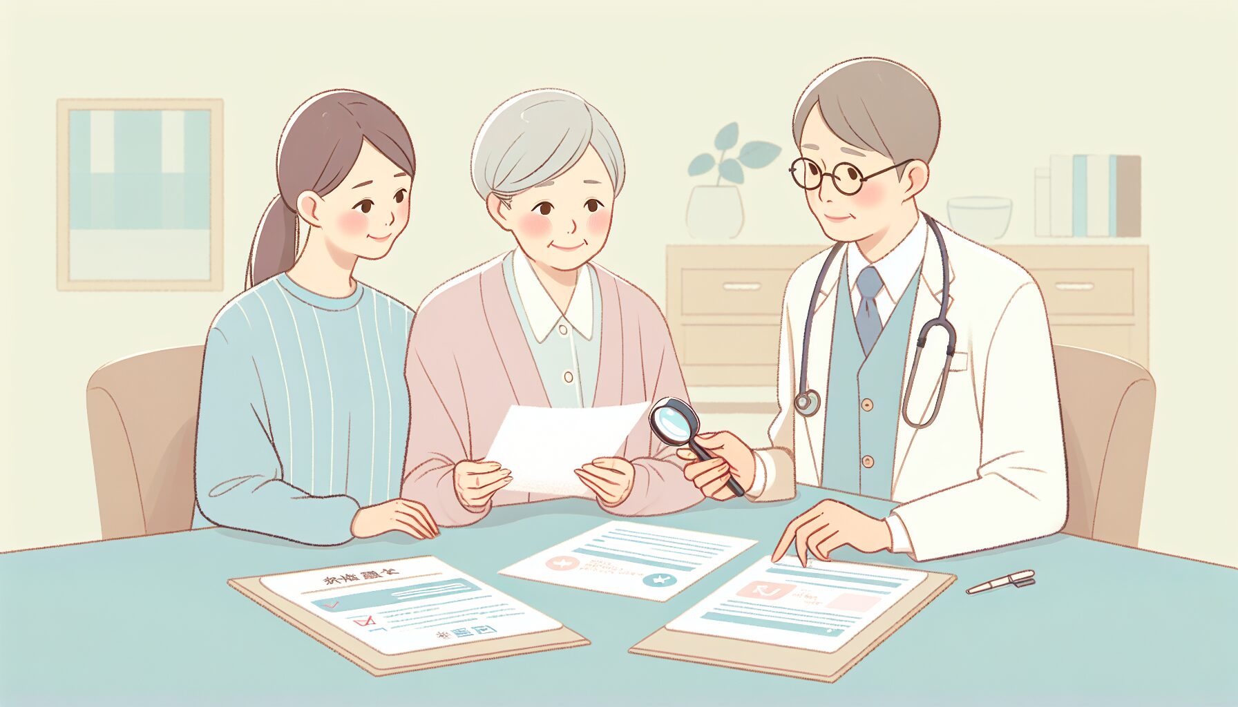 チェックリストを確認する家族と専門家