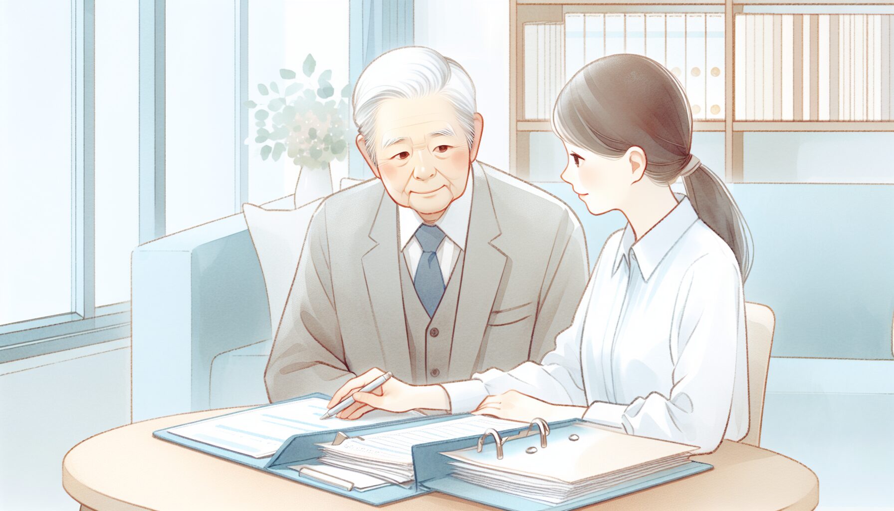 任意後見人と専門家が老後の生活サポートを相談するイメージ