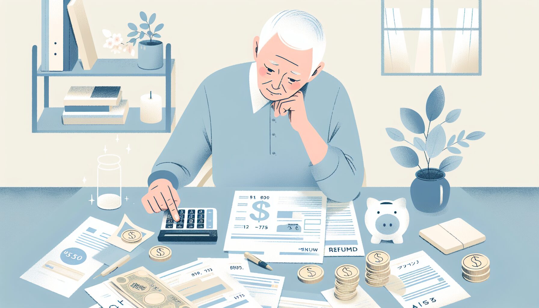 身元保証サービスの返金について検討する高齢者のイラスト