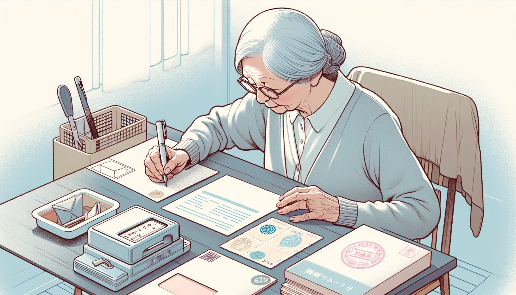 身元保証サービスの解約通知書を書く高齢者のイラスト