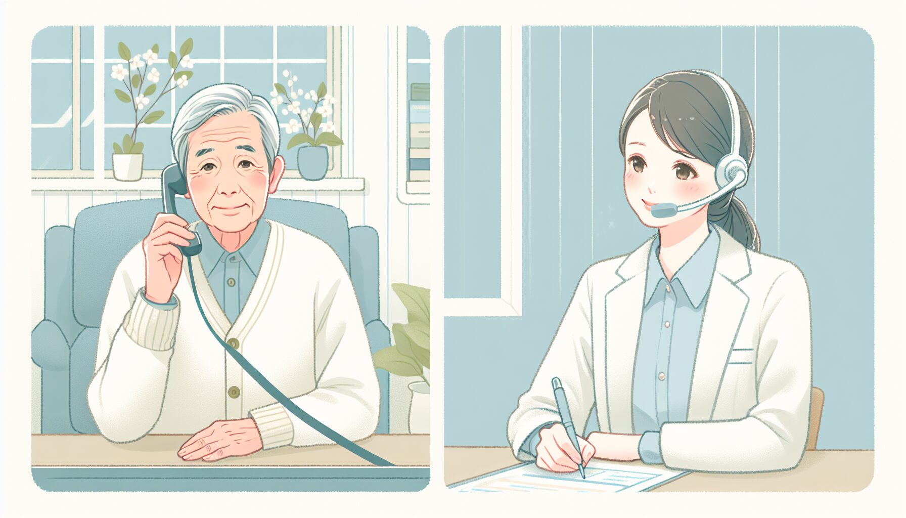 相談窓口に電話で問い合わせる高齢者のイラスト