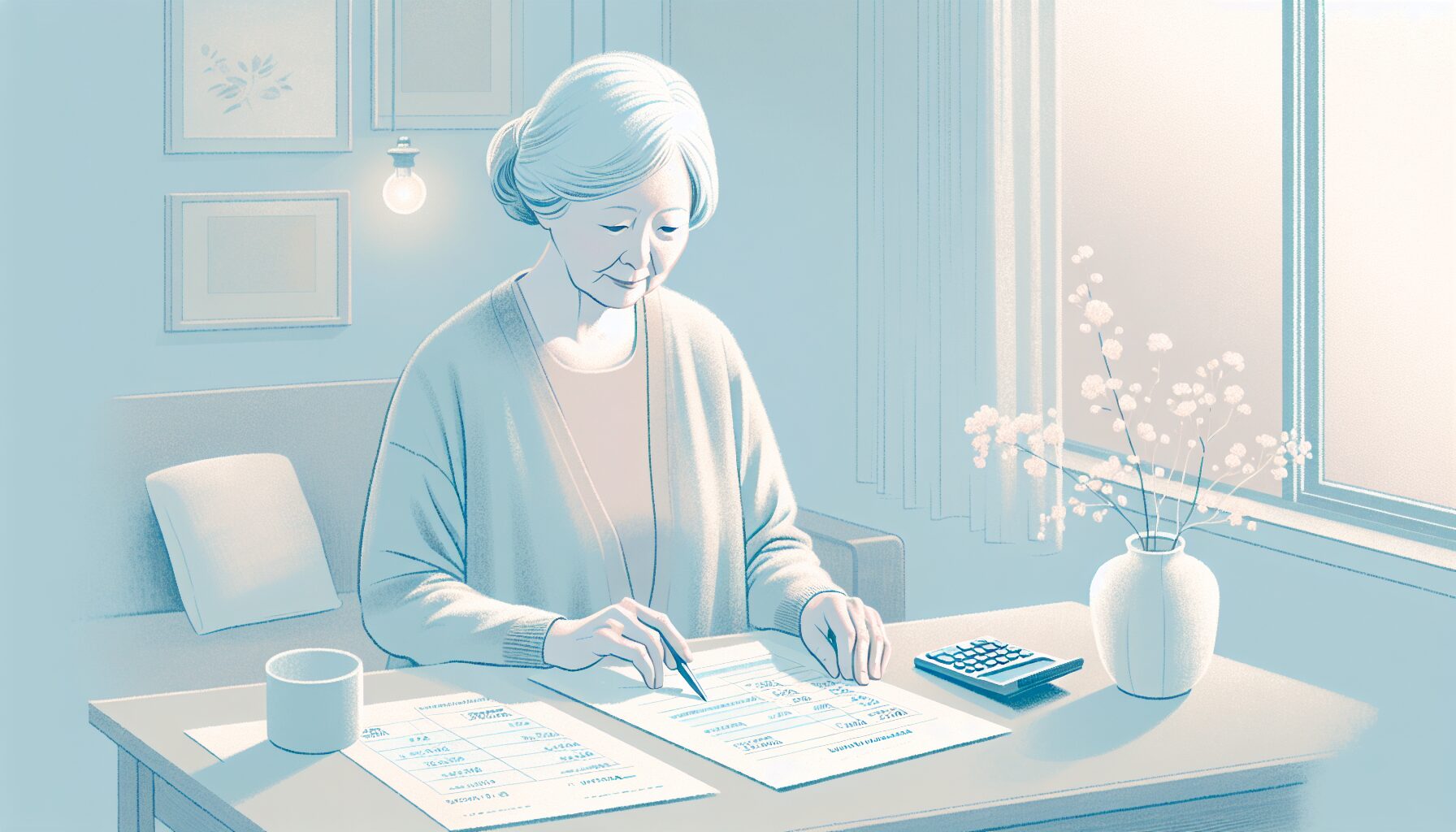 遺品整理の費用見積もりを確認する高齢者のイラスト