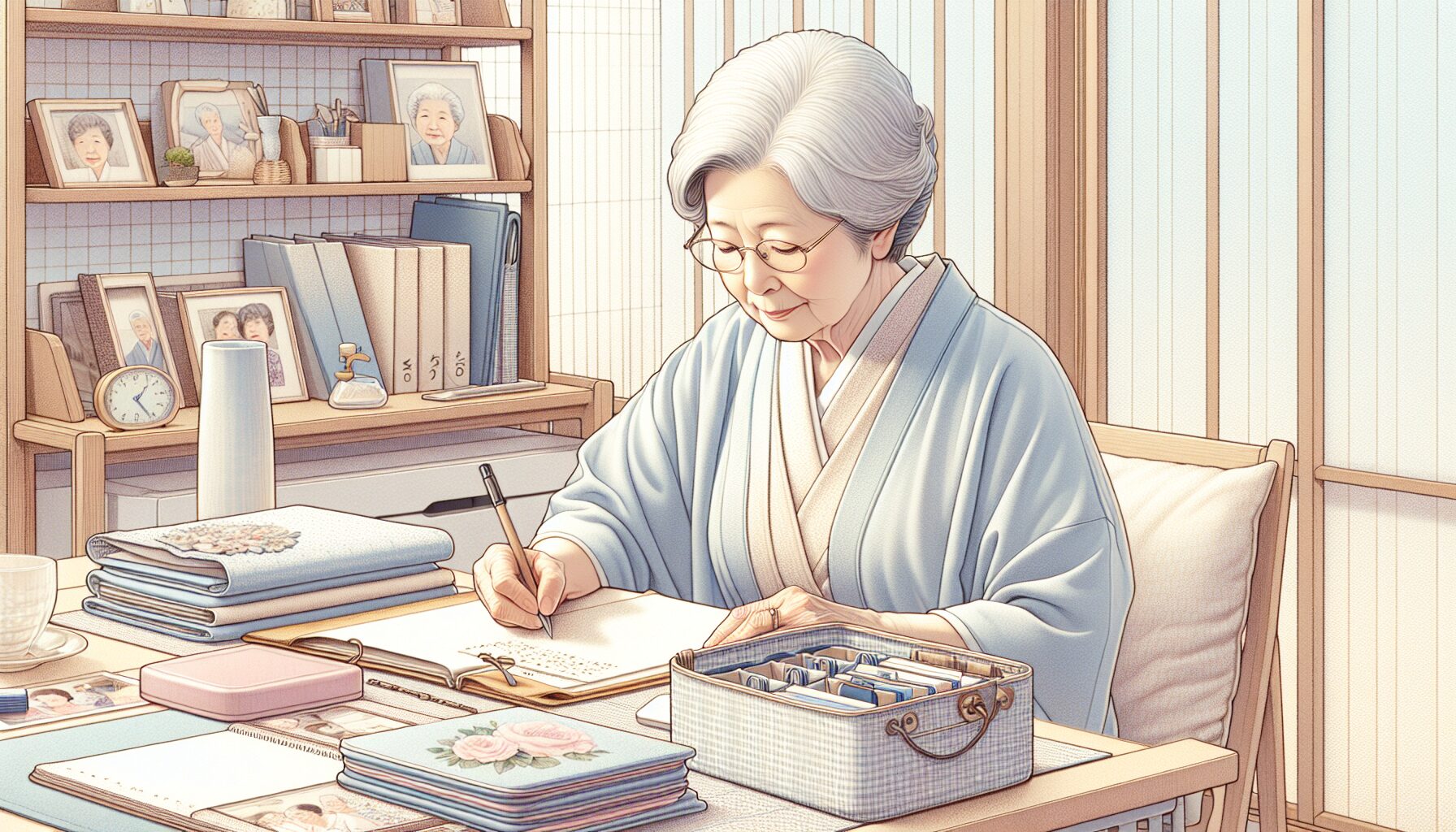 エンディングノートを書く高齢者のイラスト