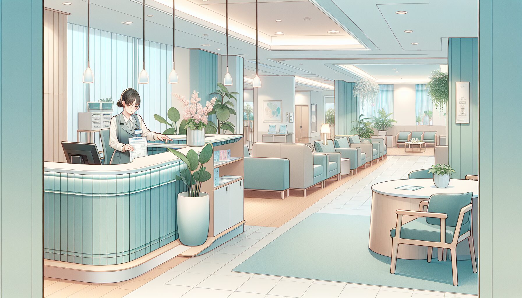 介護施設の受付で費用精算の手続きをするイラスト