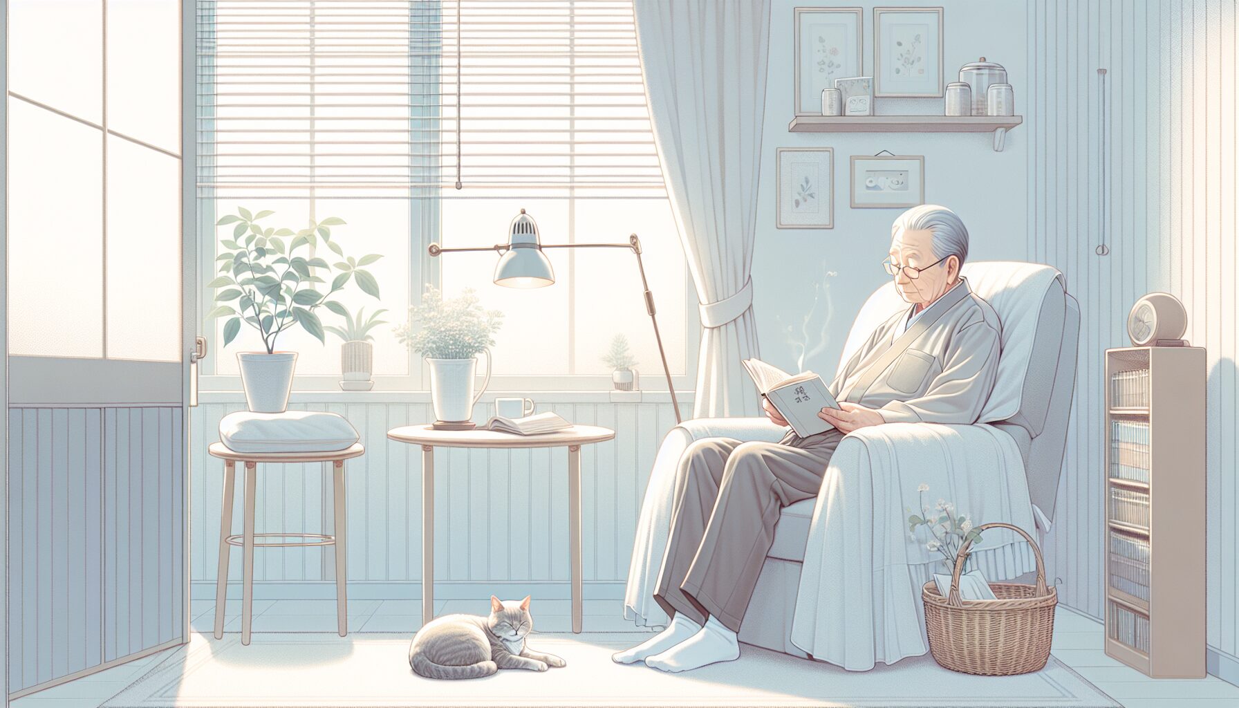 ペットと安心して暮らす高齢者のイラスト