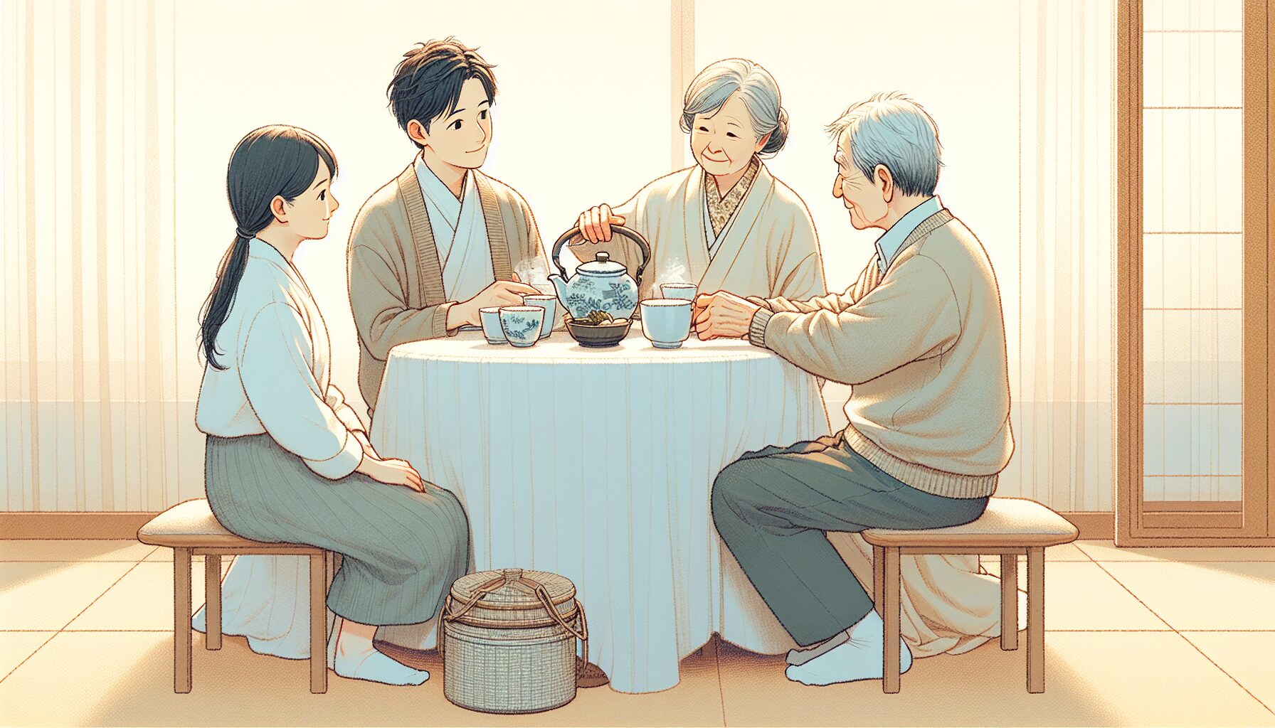 家族が集まってお盆に終活を話し合うイメージ