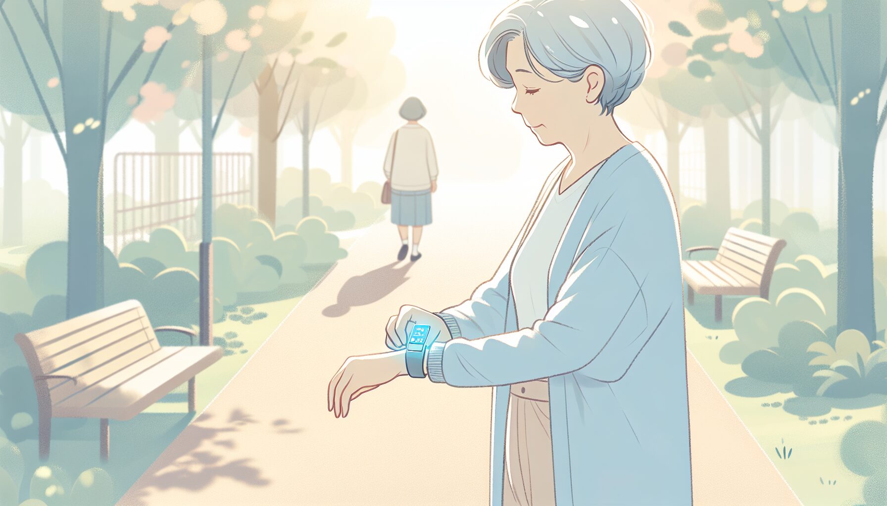 ウェアラブル端末を着けて散歩する高齢女性