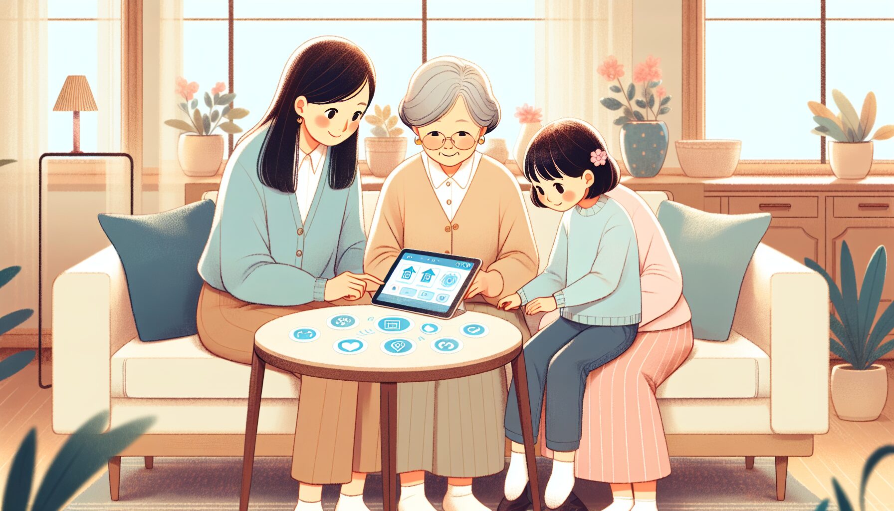 家族でタブレットの見守りアプリを確認するシーン