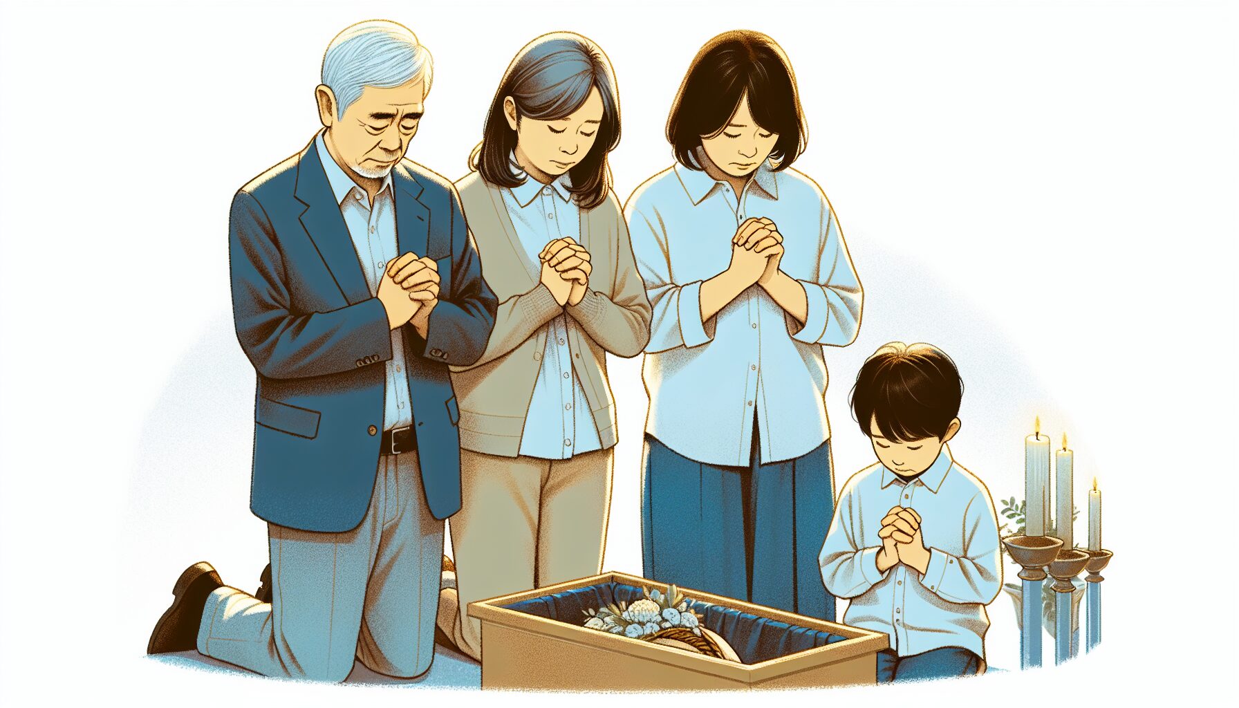 火葬炉の前で最後のお別れをする家族のイラスト