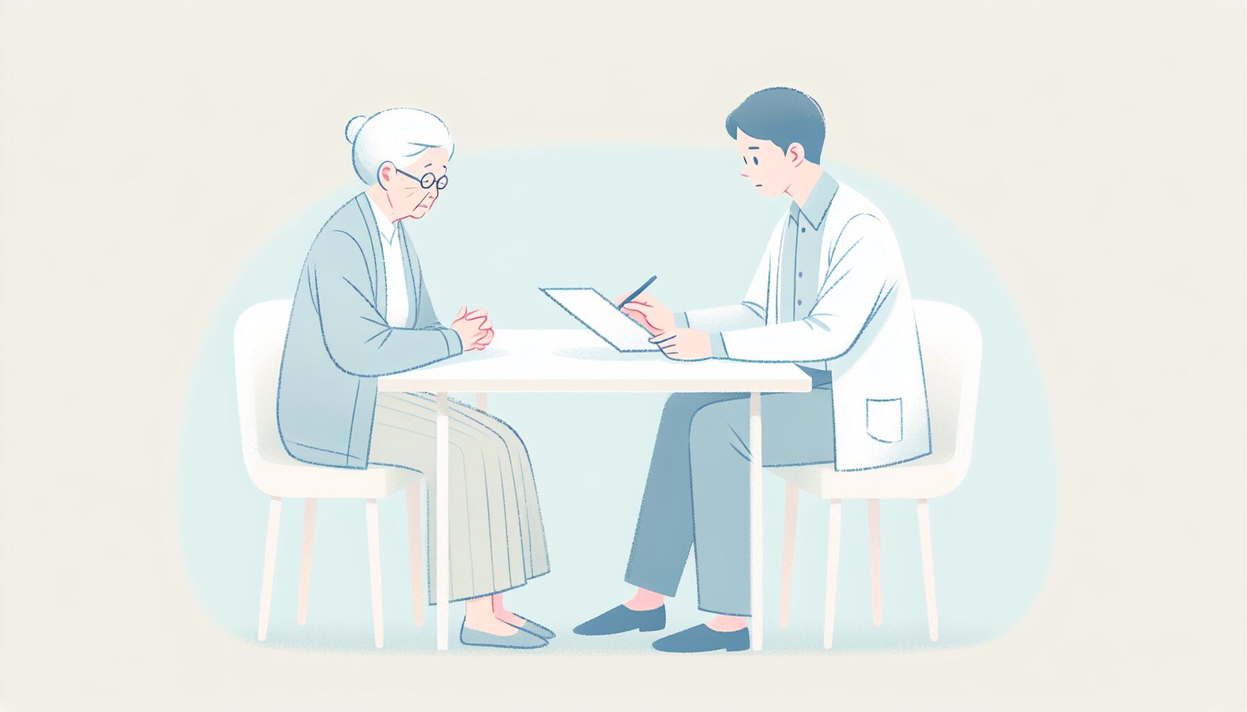 直葬業者の担当者と書類を確認する高齢女性のイラスト