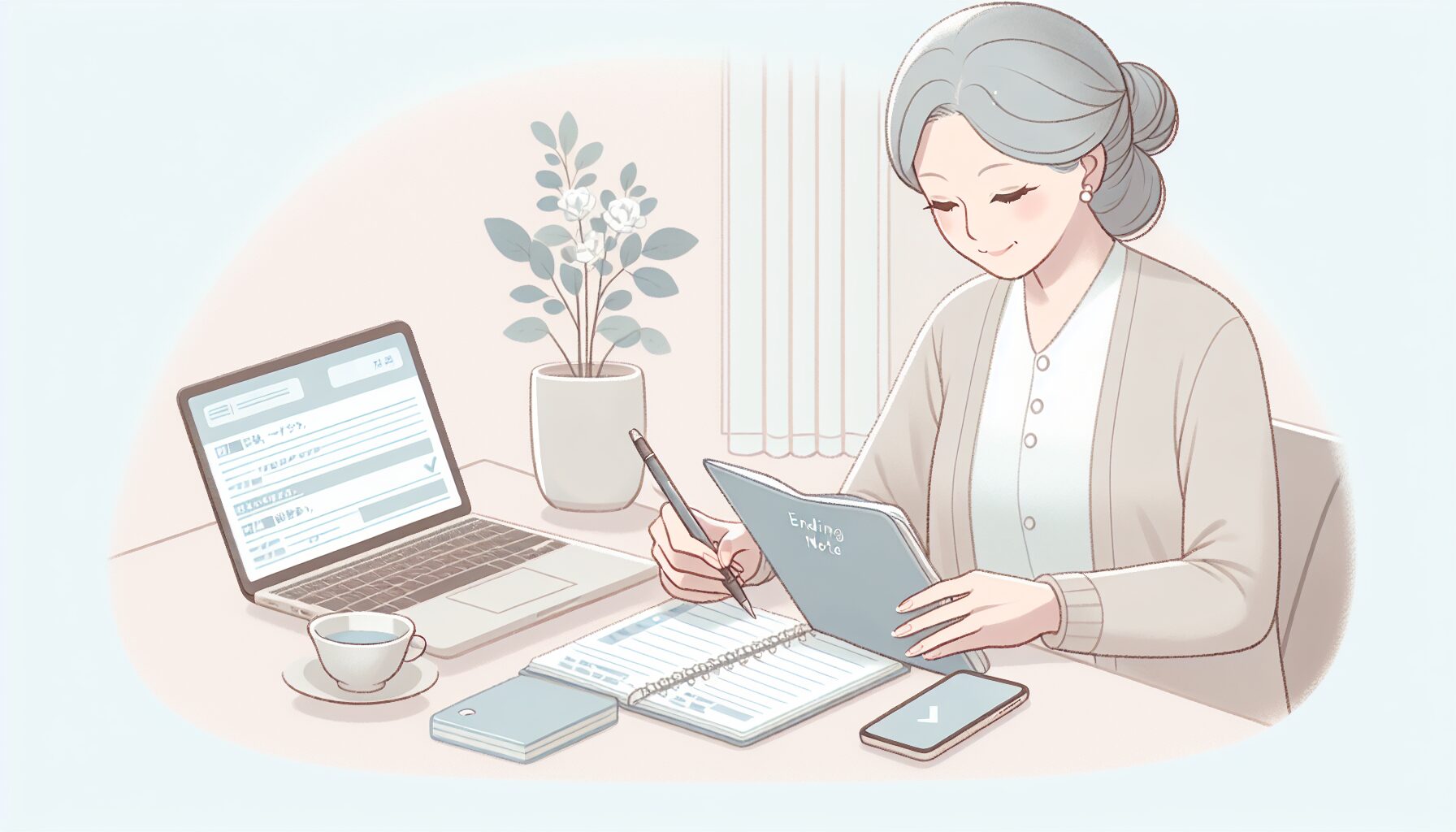 エンディングノートにデジタルアカウント情報を記録するイラスト