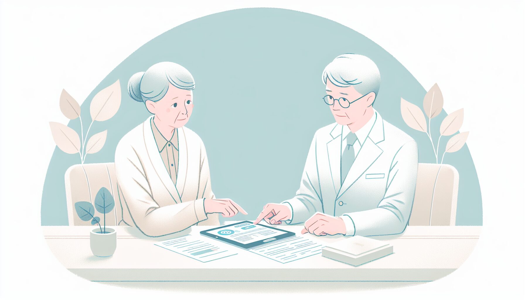 デジタル終活について専門家と相談する高齢女性のイラスト