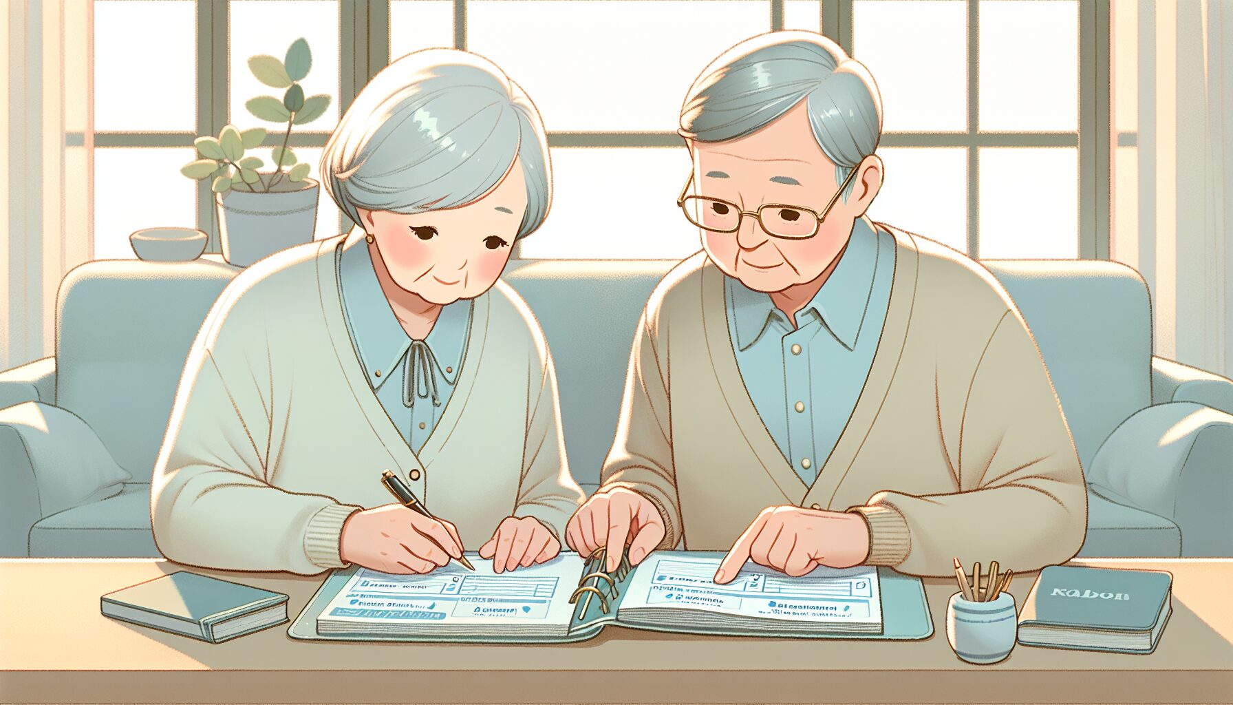 エンディングノートにデジタル情報を記録する高齢夫婦のイラスト