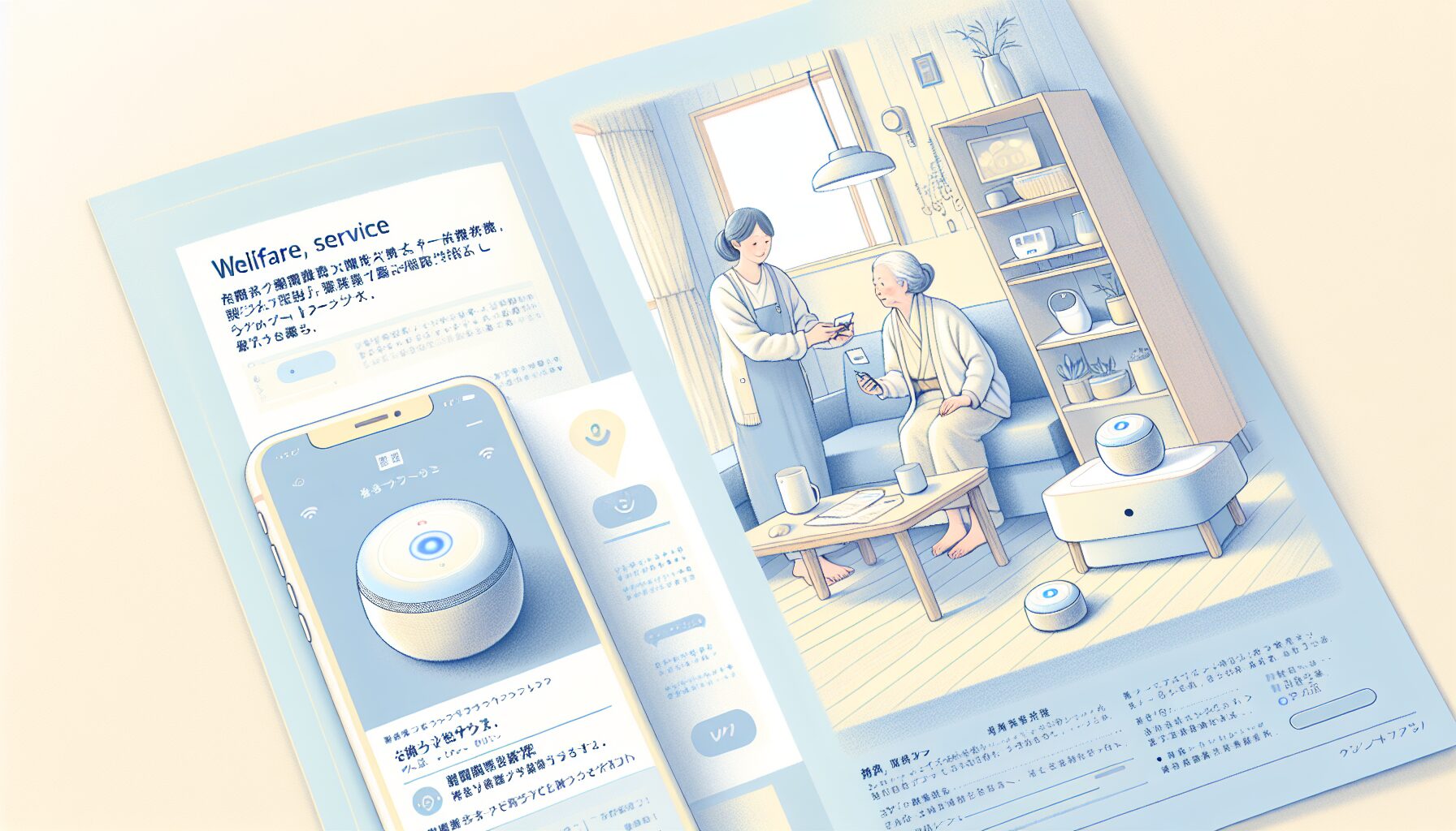 見守りサービスとスマートフォンで遠方の親を確認するイラスト