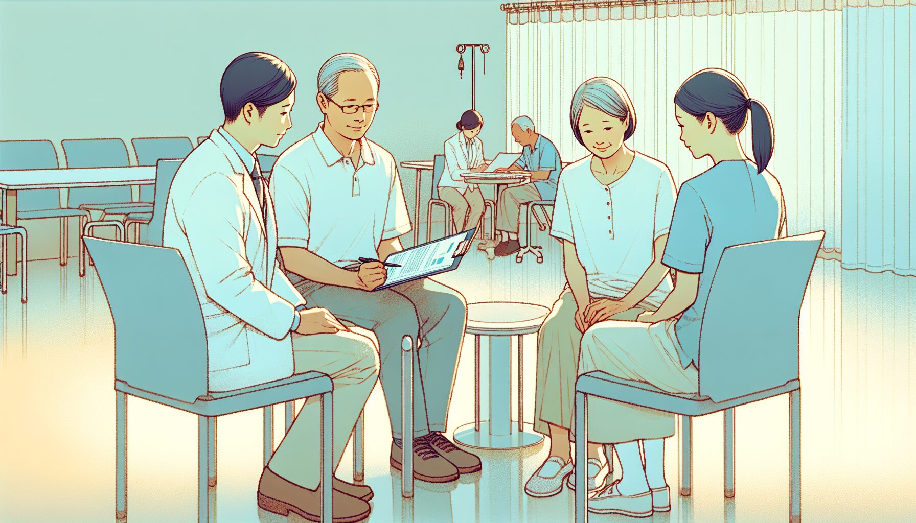 施設入所を家族と専門家で相談するイラスト